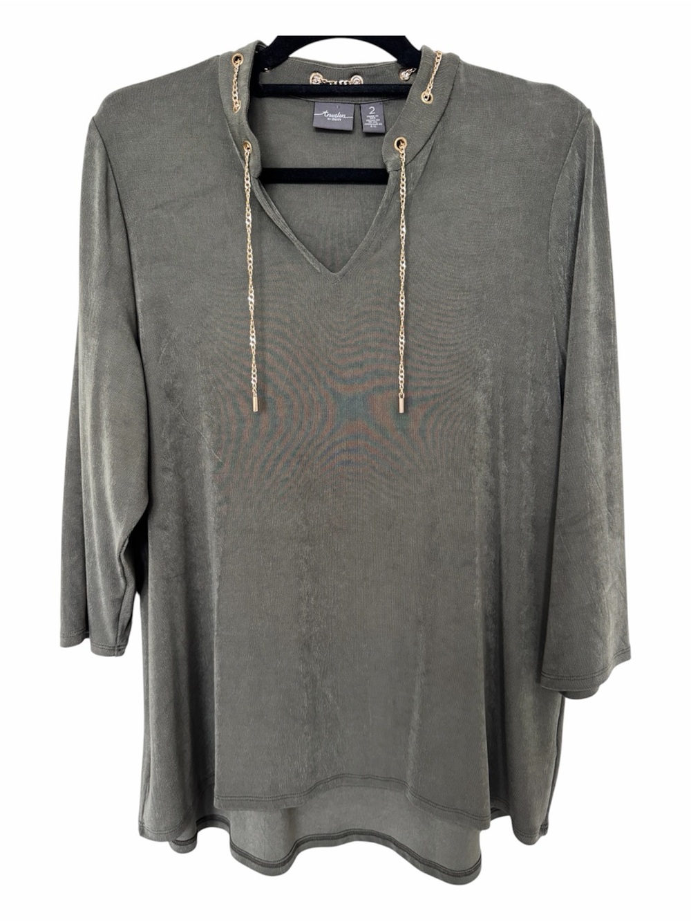 ✅ Chico's Travelers Olive Green V-Neck Blouse with Gold Chain Drawstrings size 2